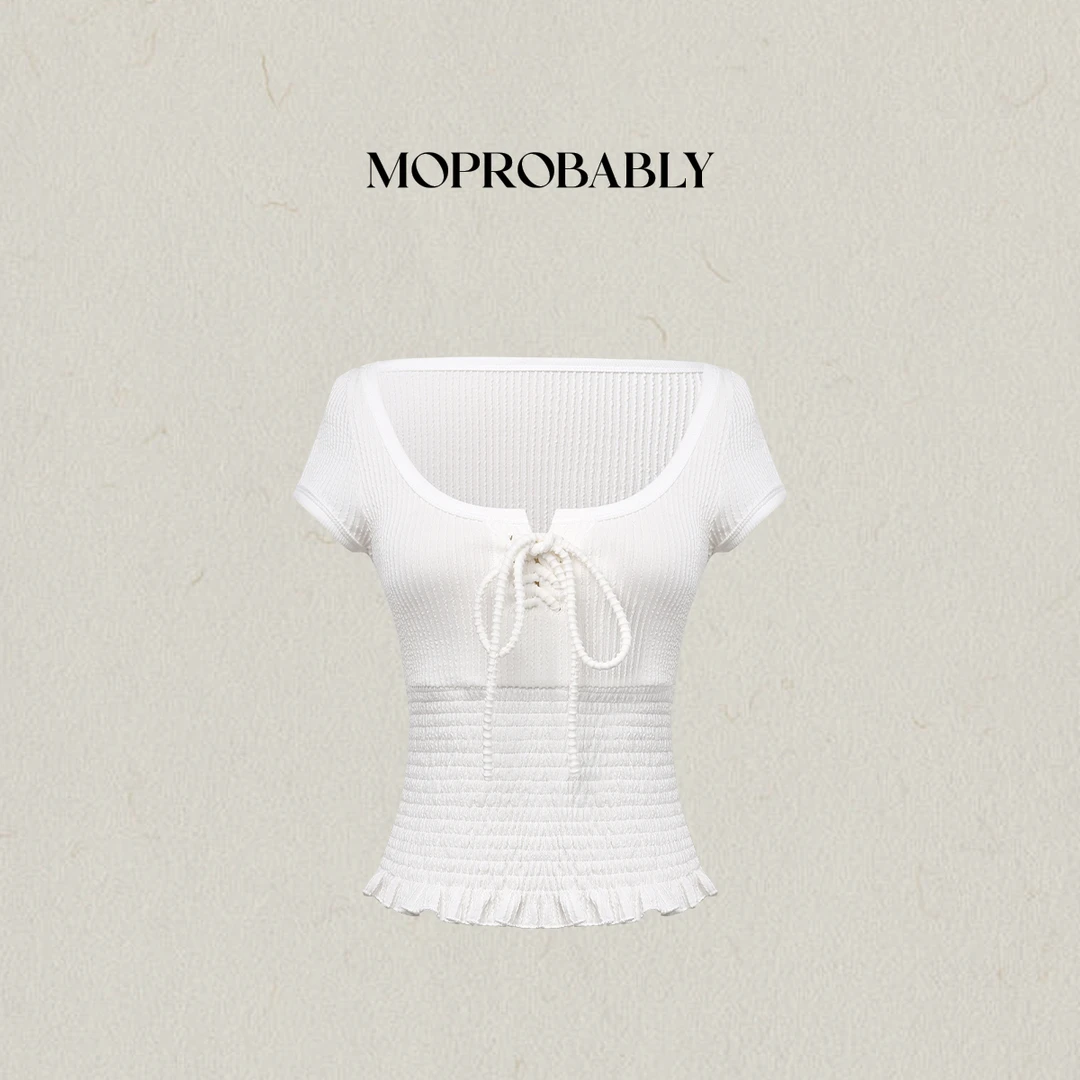 Moprobably李予诺「揽秀」气质百搭木耳边绑带针织短袖T恤L5247218