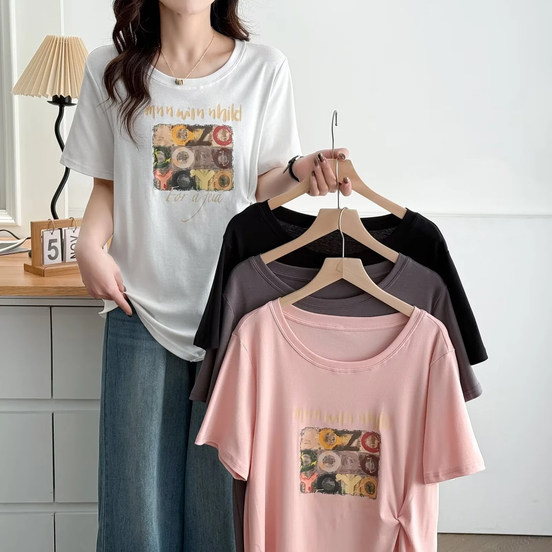 【显瘦单品2.0】夏季大码棉质T恤正肩圆领捏褶短袖吸汗透气上衣女