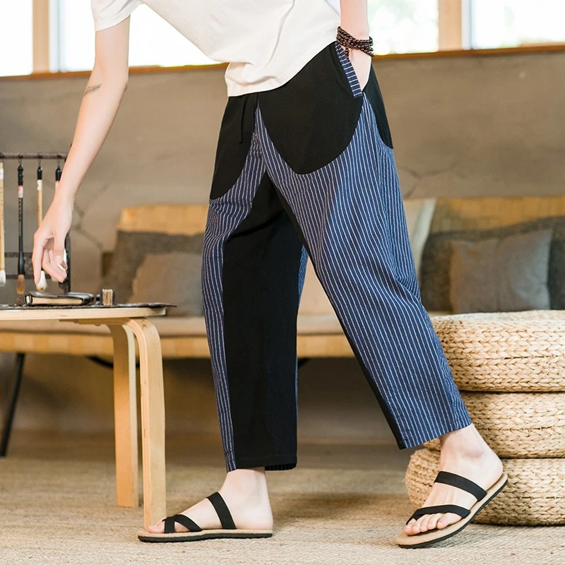 夏季中国风男装休闲裤复古拼接棉麻九分裤薄款透气宽松锥形哈伦裤