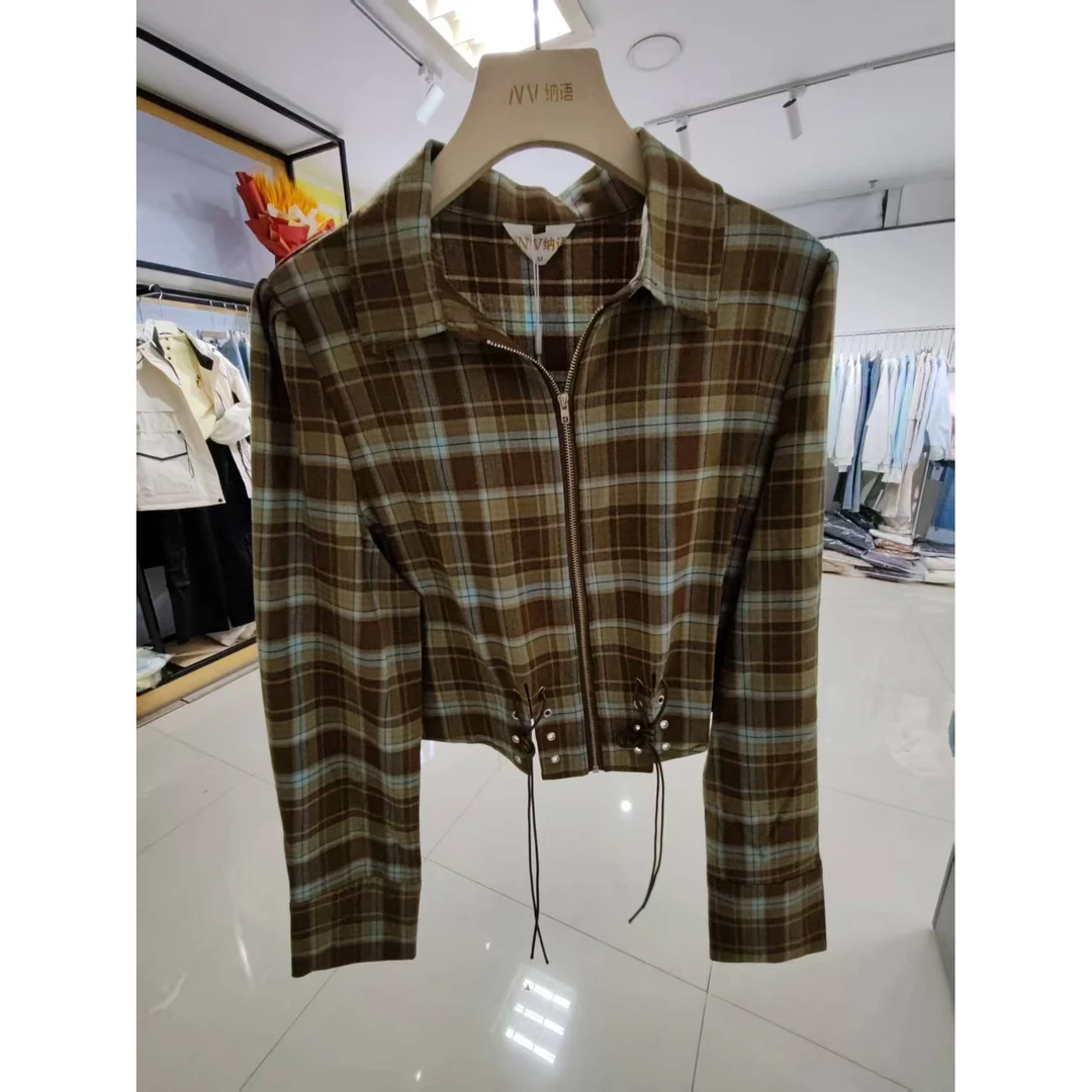 法式复古新款格子气质长袖衬衫设计感小众绑带修身高腰短款上衣女