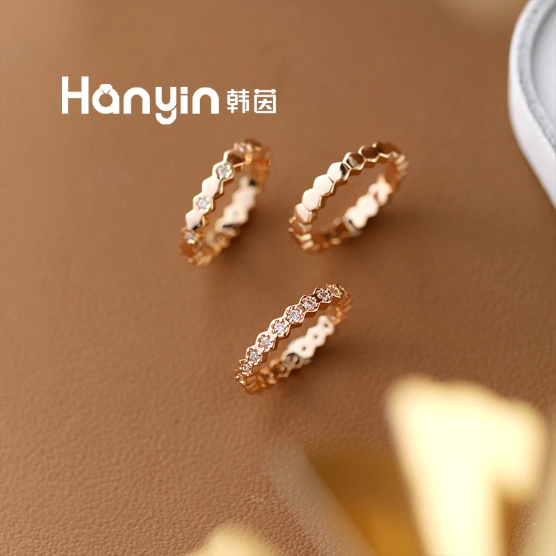 铜合金合成锆石戒指 三件套！气质光面微镶蜂窝戒指AAA