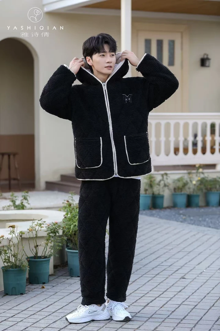 睡衣家居服套装情侣冬季男款耐磨连帽保暖黑色冬款