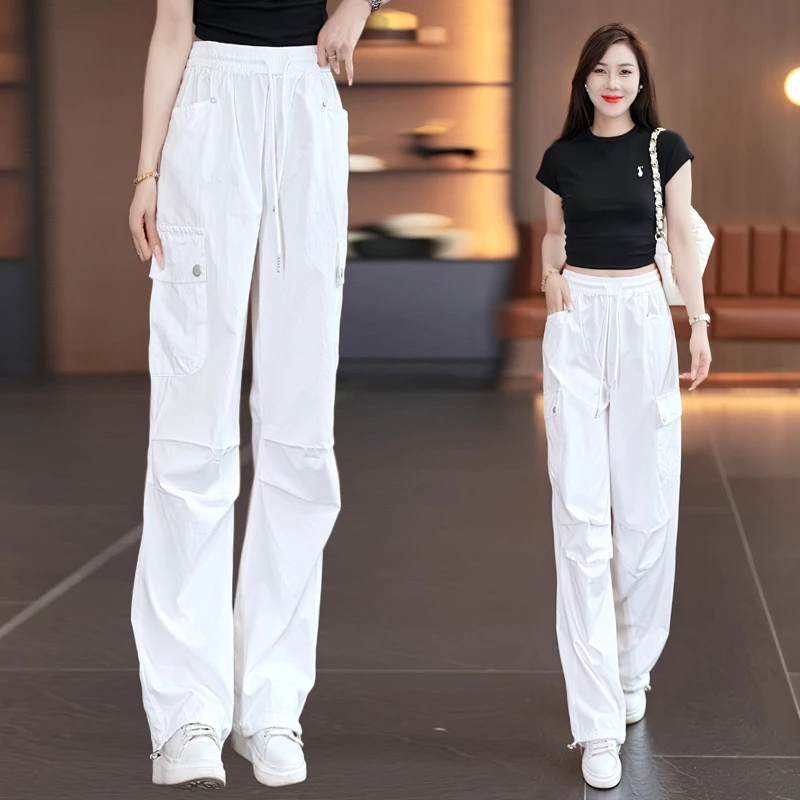 时尚阔腿休闲工装裤女2025秋季新款松紧高腰系绳直筒运动休闲裤子