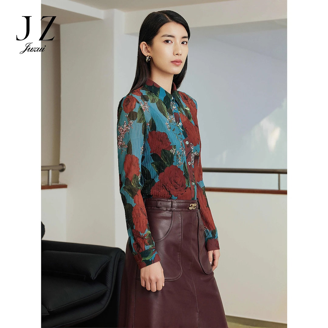 【尚雅专属】JUZUI玖姿JWFC60127商场同款摩登印花纱罗衬衫女春