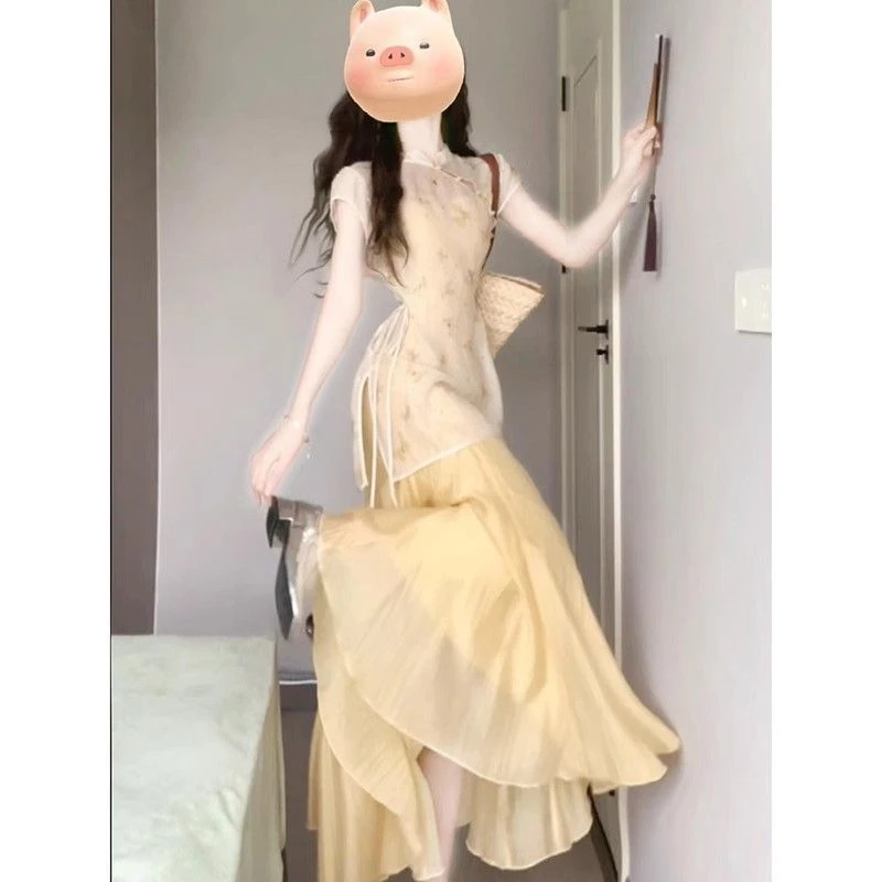 新中式黄色碎花盘扣改良旗袍连衣裙女夏季中国风裙子夏天连衣裙