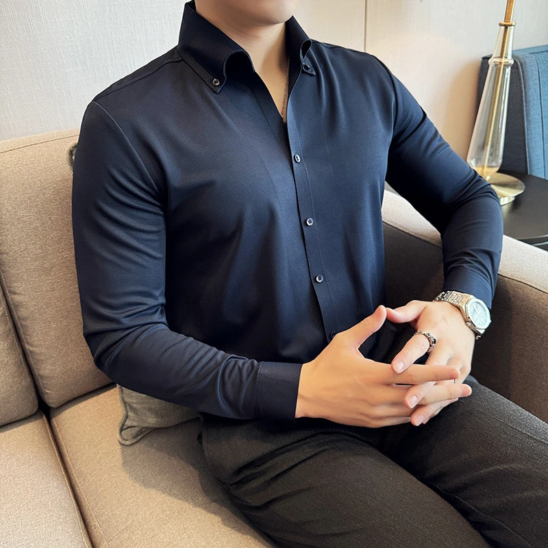 CATIA SELI高级感华夫格V领衬衫男士春秋季纯色长袖无痕垂感衬衣