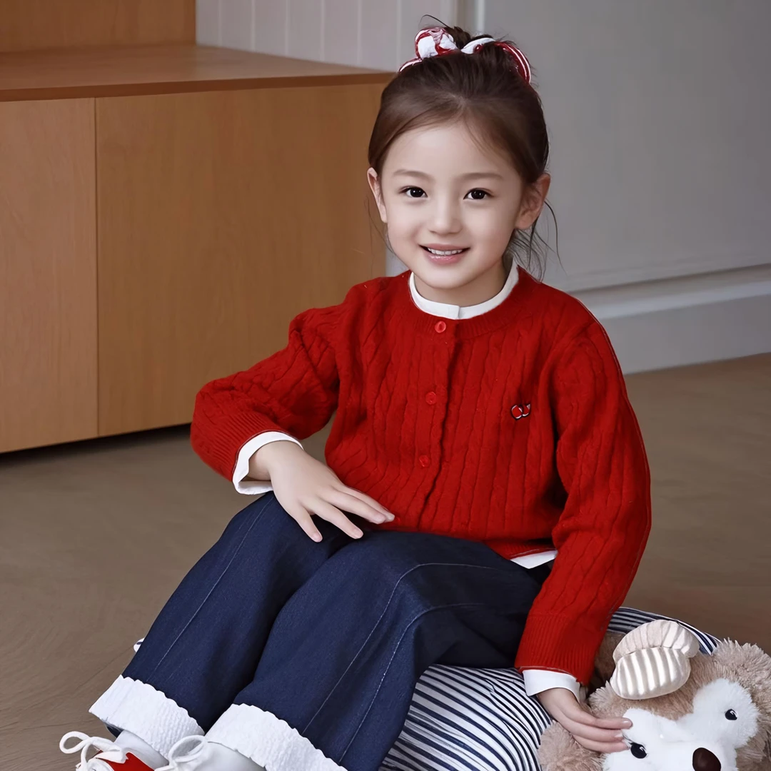 亲子装开衫麻花修身毛衣针织外套中大童装假两件长袖女孩女宝儿童