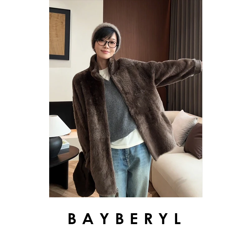 BAYBERYL老贝柚木棕*立领拉贡宽松拉链25秋一体皮衣PY5G3109