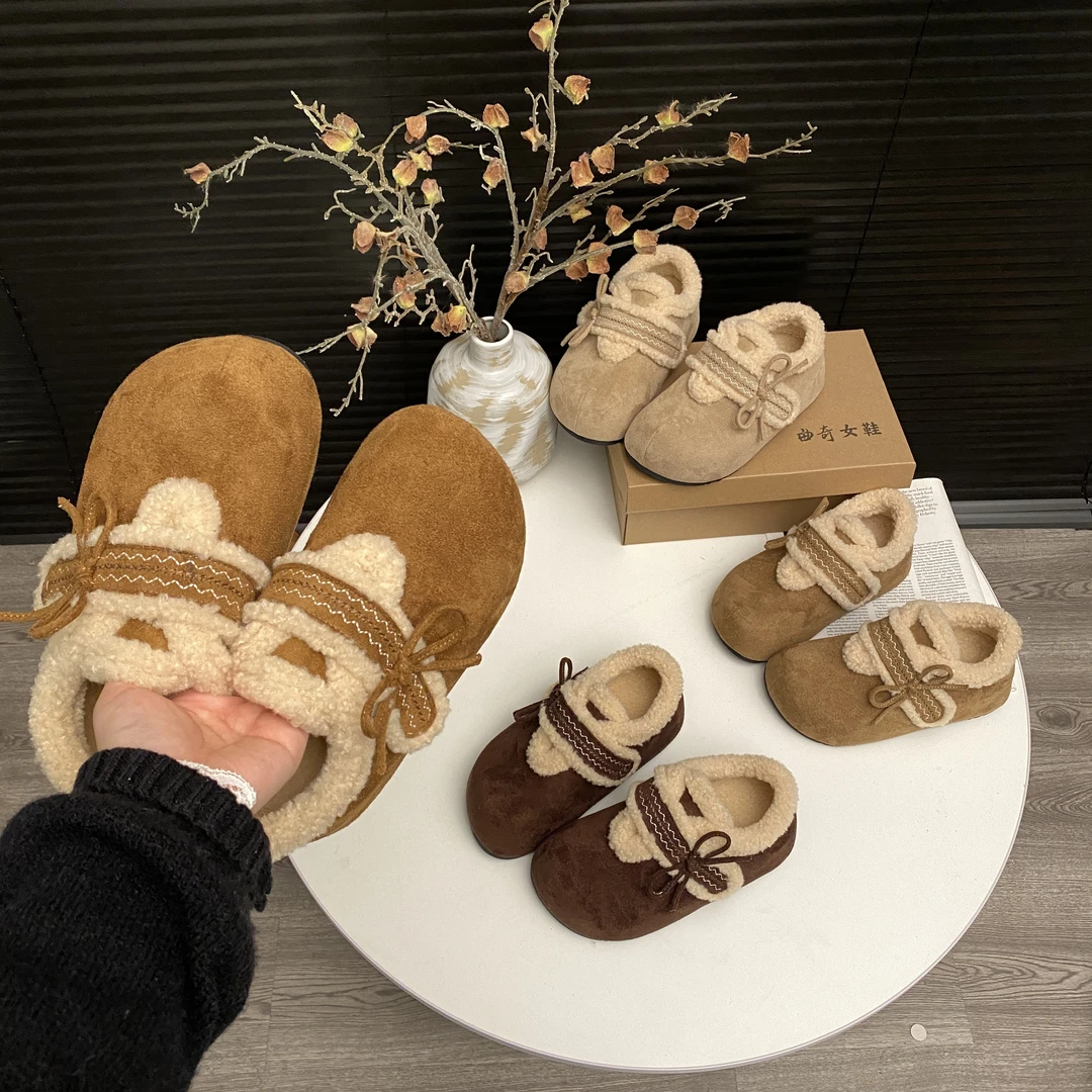 厚底韩版勃肯鞋加绒刺绣蝴蝶结女款2025冬季新款百搭冬款外穿棉鞋