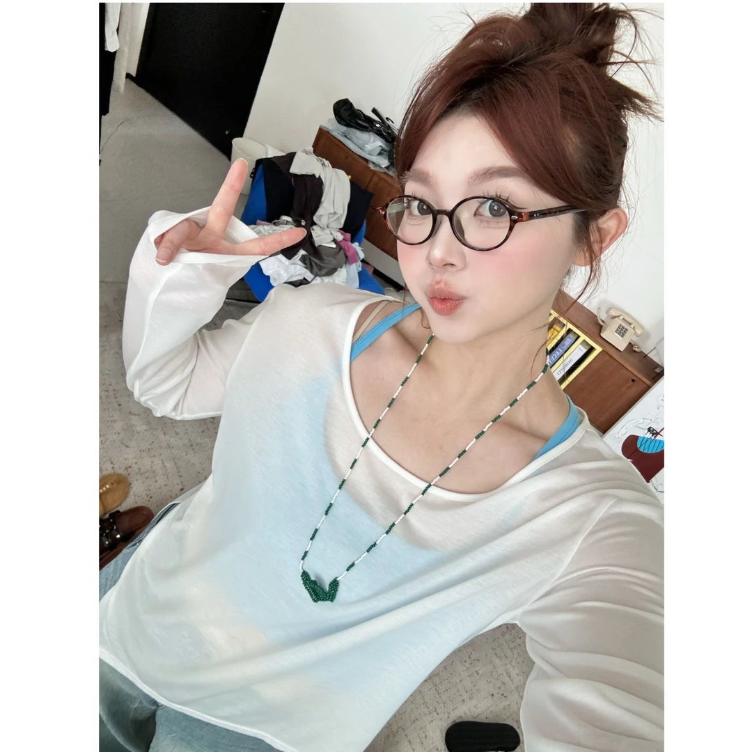 晶咕【移动凉皮】下摆侧开叉大u领长袖防晒上衣+美背吊带背