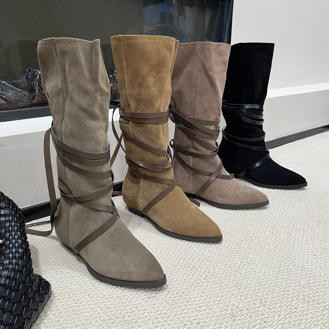 小小苏-初初-堆堆靴百搭尖头西部牛仔高筒绑带长筒靴复古：7171-01