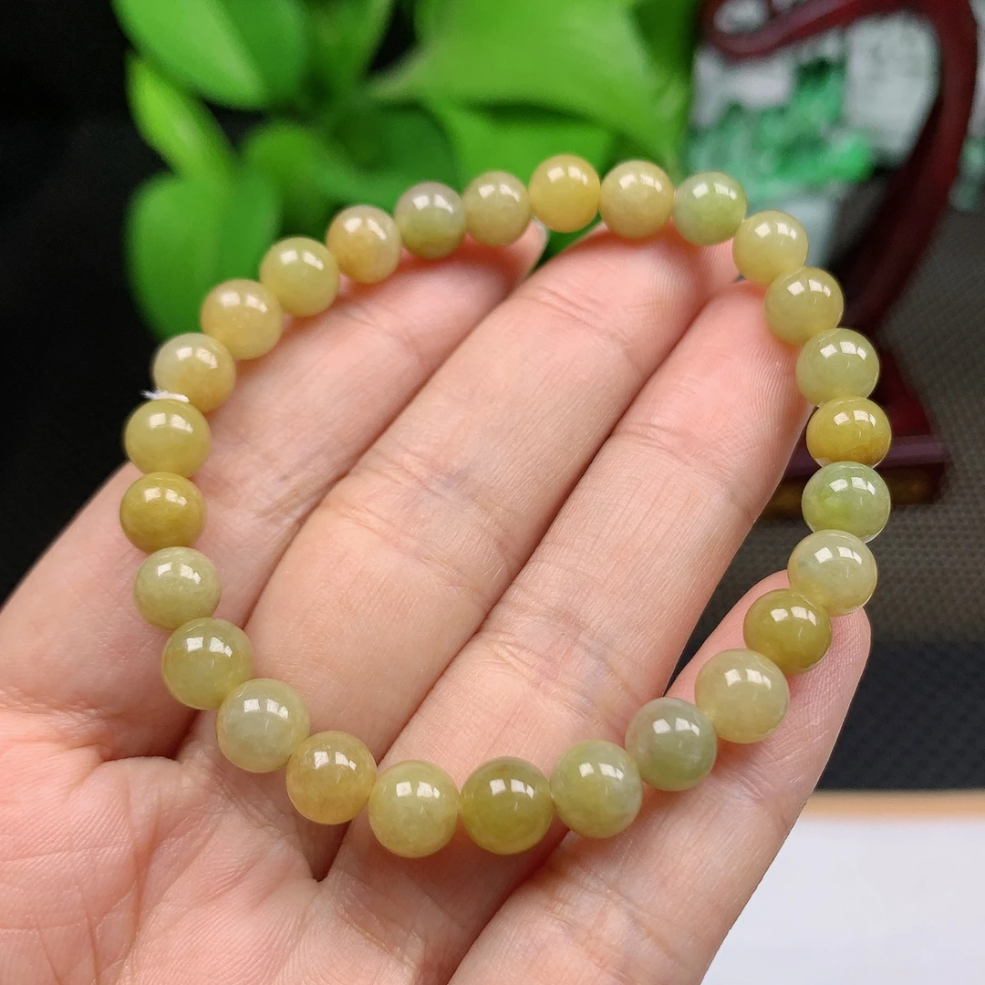 缅甸翡翠A货冰润黄翡圆珠手链玉石手串13.61g
