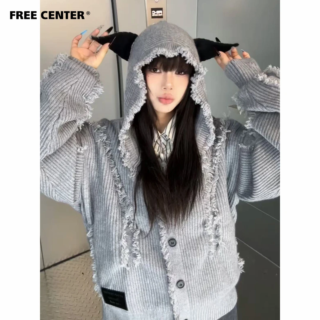 FreeCenter杜宾犬流苏外套男女秋冬重磅美式连帽宽松情侣毛衣开衫