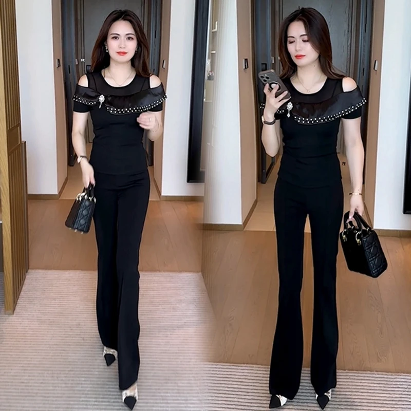 设计感百搭露肩短袖T恤气质拼接镶钻名媛纯色显瘦蝴蝶结上衣