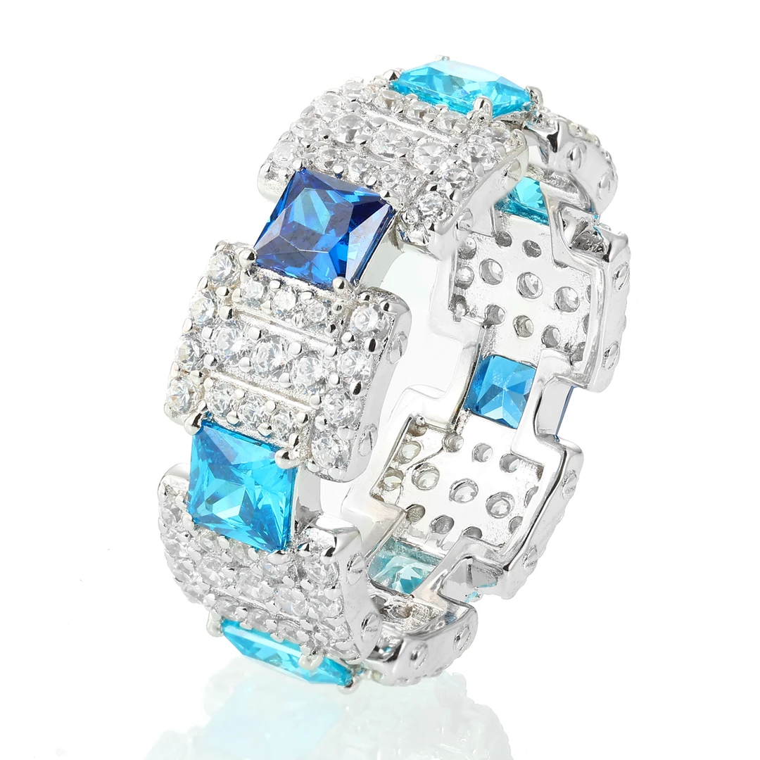 魔匠 925银合成锆石戒指 2025冰糖渐变蓝色满钻戒指情侣男士尾戒