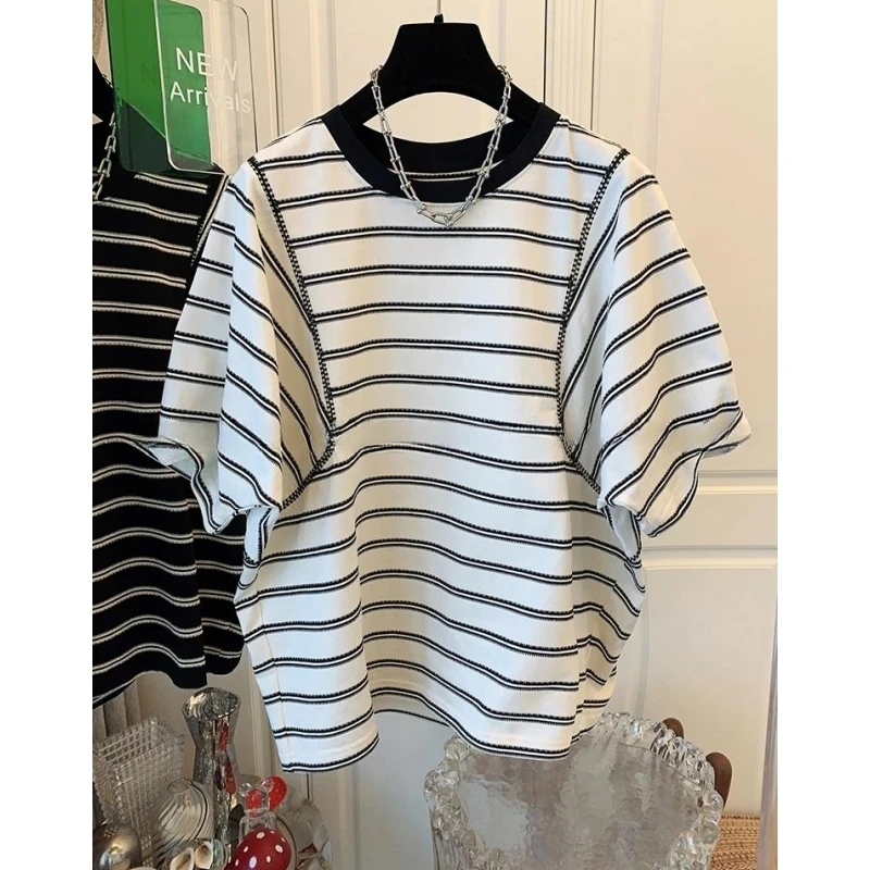 8166编织条纹圆领短袖T恤独特上衣超好看减龄女宽松休闲夏季新款