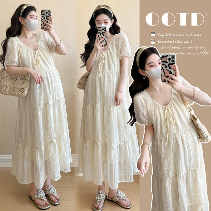 孕妇装2025夏季新款时尚气质刺绣气质宽松温柔风孕妇中长款连衣裙