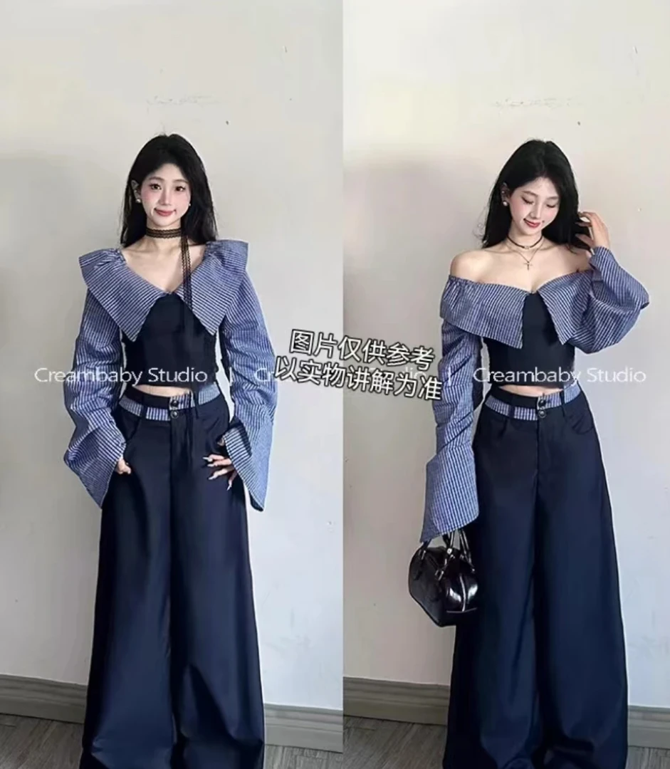 整套初春搭配2025大码法式气质条纹一字肩长袖衬衫拼接阔腿裤套装