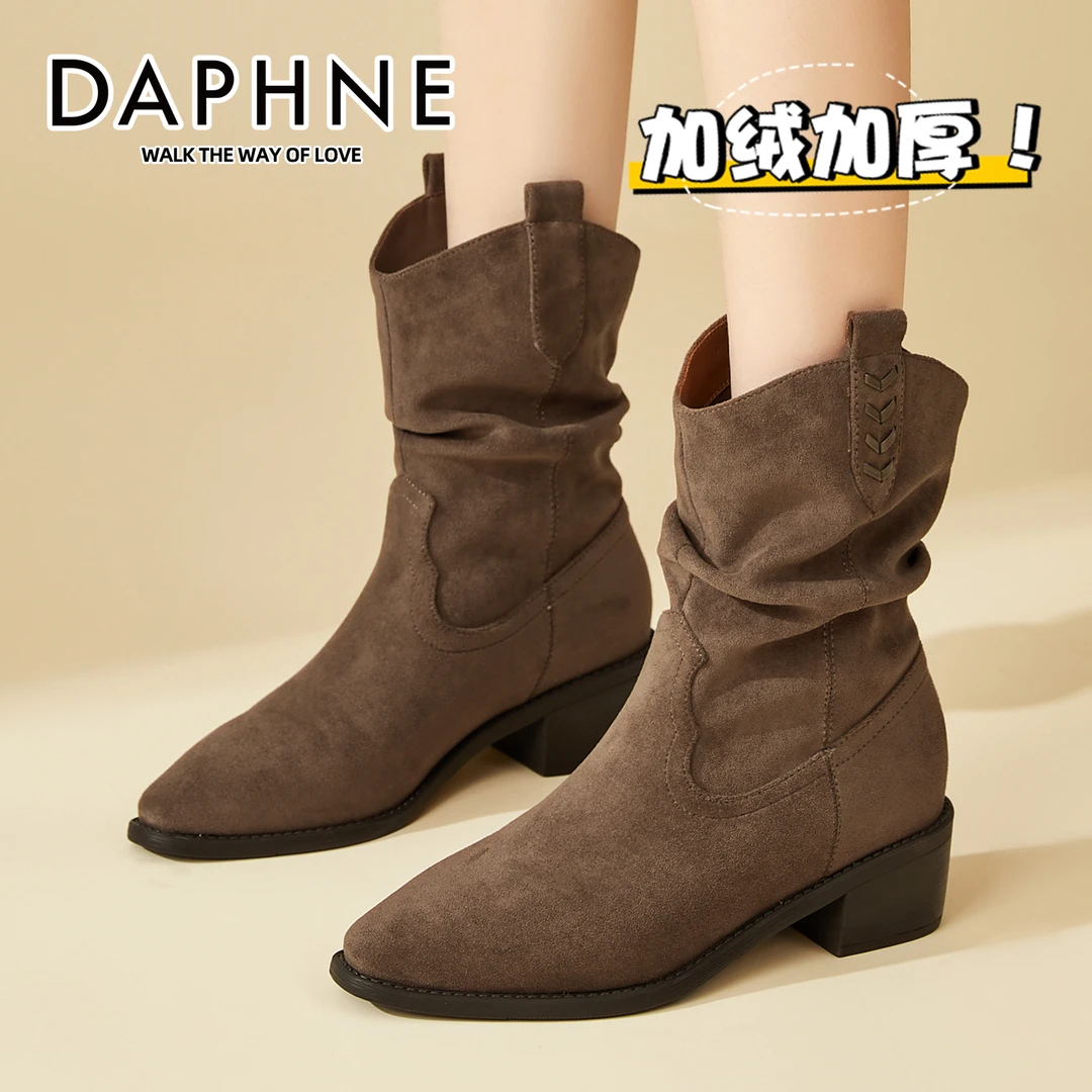 达芙妮流光风加绒保暖短靴女2025秋冬新款瘦瘦工装靴英伦风登山靴