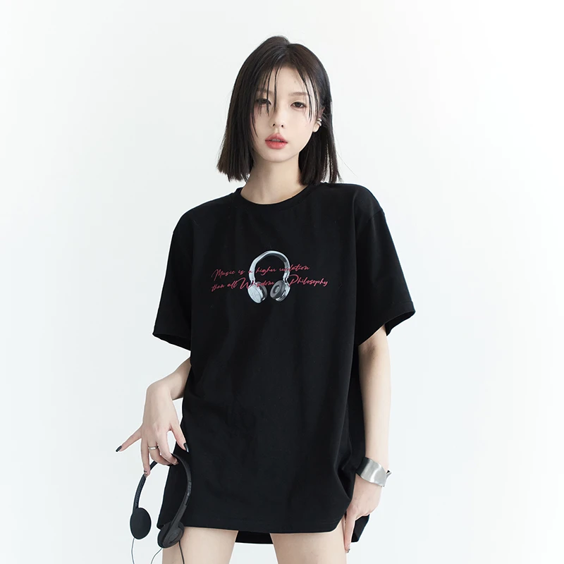 万有引力博物馆 耳机印花短袖T恤女夏季2024新款宽松半袖上衣