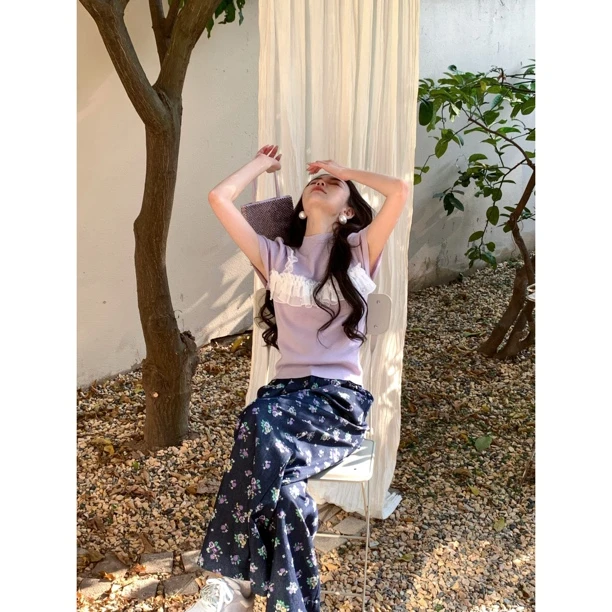 【赵小小yimao】6300 半高领正肩针织短袖t恤女小个子短款小众上衣