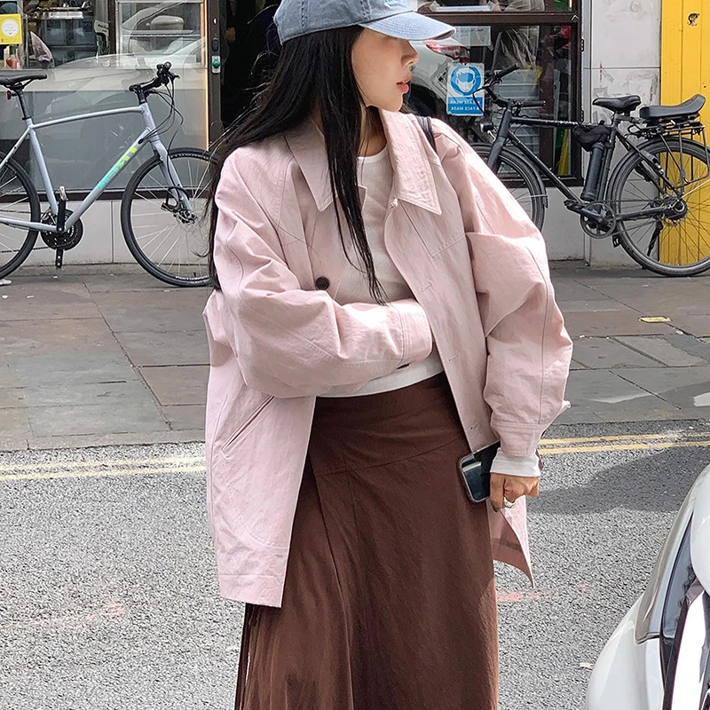 【泡菜】-简约休息日常通勤百搭宽松小众韩版翻领廓形风衣外套