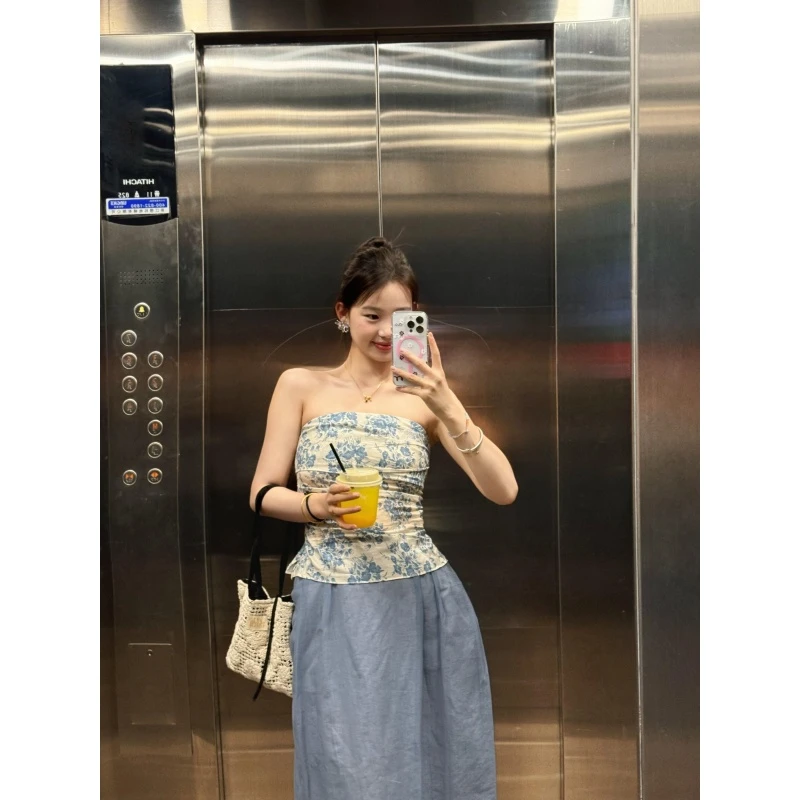 法式印花抹胸上衣夏纯欲气质度假风高腰半身长裙套装女