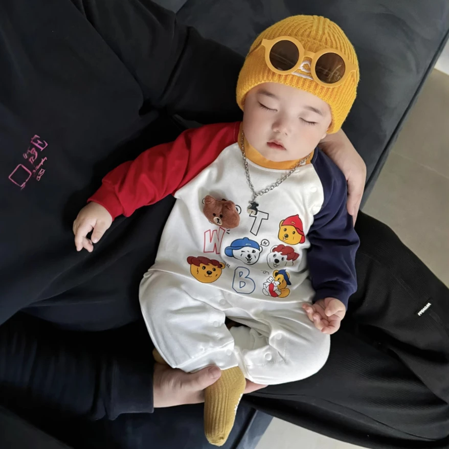 网红婴儿衣服春款男女宝宝撞色小熊头纯棉连体衣超洋气小童爬爬服