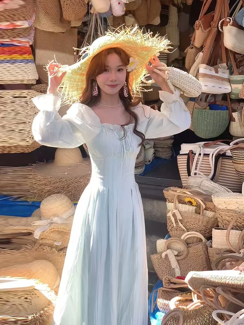 夏季法式大码连衣裙春夏度假风长袖气质连衣裙