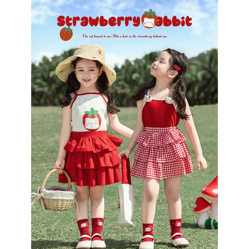 幼悠女童草莓兔子吊带套装儿童三层蛋糕短裙猫咪印花吊带多件套潮