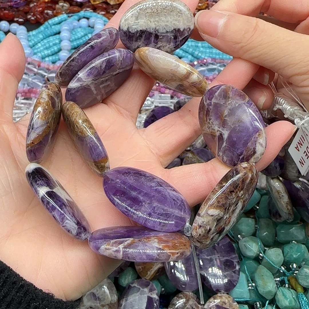 玛瑙/玉髓珠宝半成品合金梦幻紫水晶椭圆圆饼一条25mm