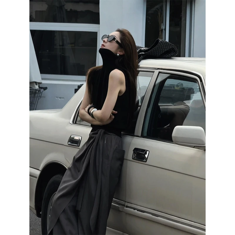 parkyeon黑色高领无袖背心吊带女高腰显瘦气质绑带阔腿休闲裤套装