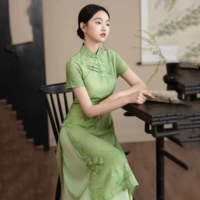 0728 绿色 兰花 【绿地】奥戴 旗袍