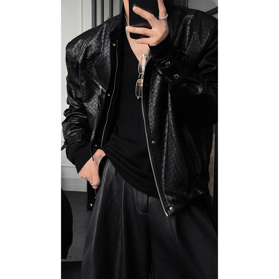 龙叨叨秋季新品美式复古设计款休闲皮衣外套潮流宽松机车夹克男