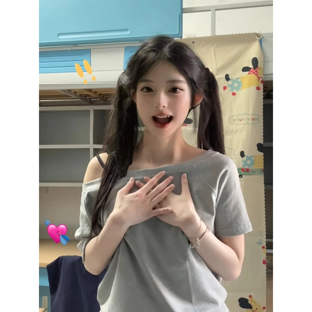 梦晓灵美式复古灰色斜肩t恤女2025新款宽松慵懒风辣妹露肩