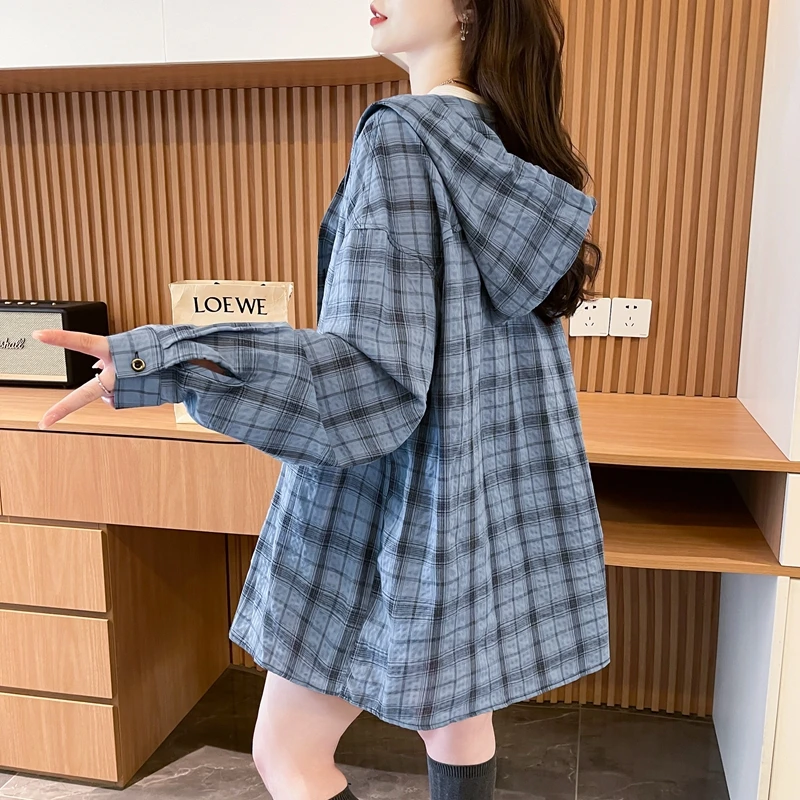 美式复古连帽防晒格子衬衫女夏季韩版宽松中长款休闲防晒衬衣外套