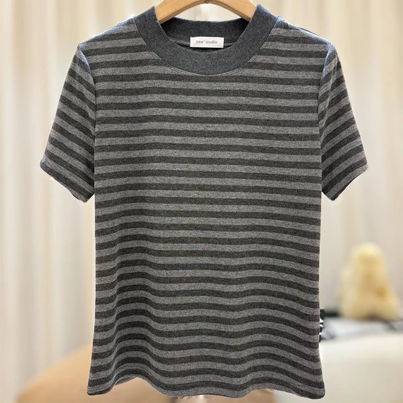 zaw大码女装内搭条纹短袖T恤女秋季新款显瘦减龄洋气胖mm/25382