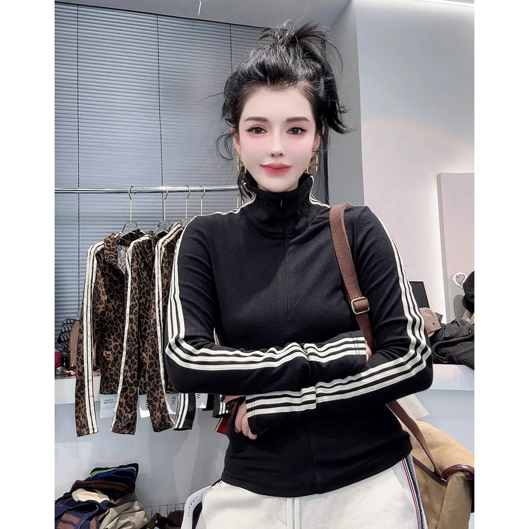 欧货高领条纹拉链休闲短外套女薄款长袖气质百搭2025秋季新款上衣