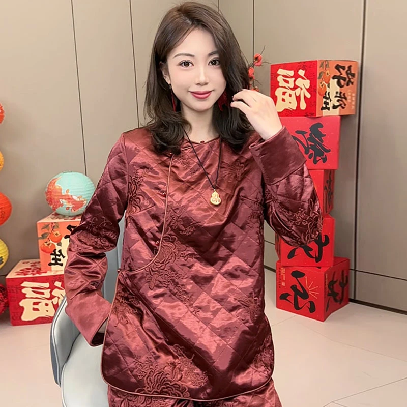 春季新款重工刺绣薄棉上衣新中式复古提花斜襟圆领女装1144