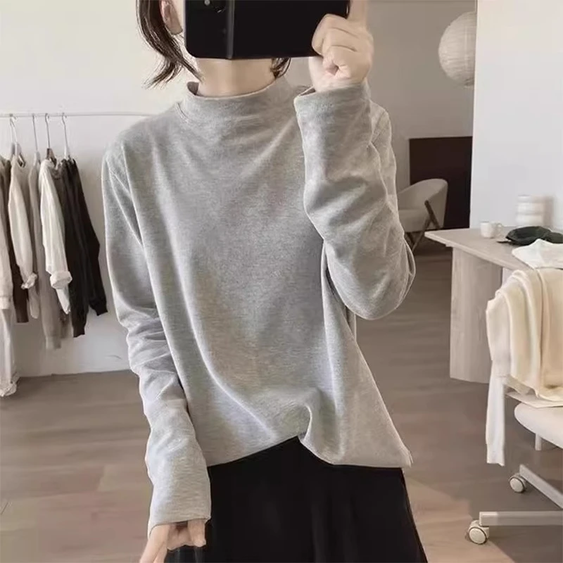 灰色半高领打底衫女春秋新款宽松内搭磨毛长袖t恤显瘦立领上衣