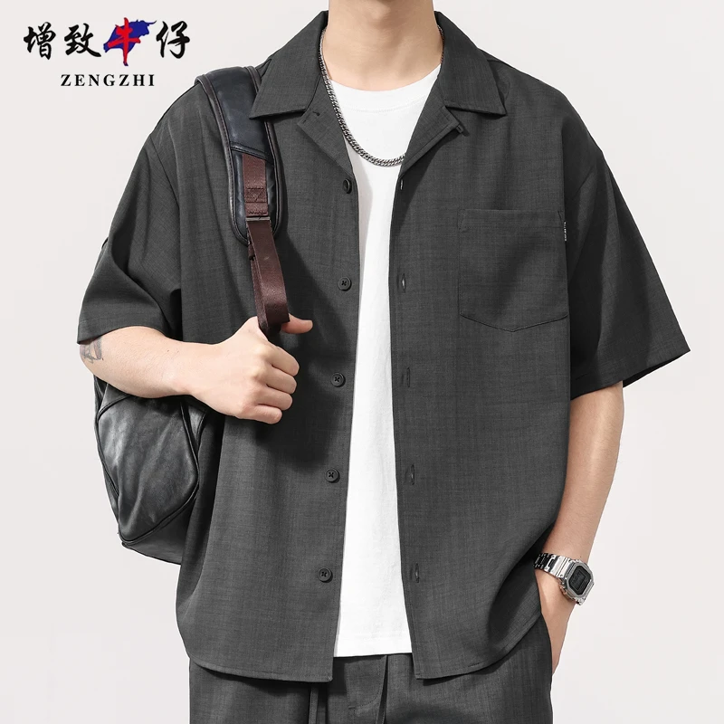 ZENGZHI/增致牛仔夏季男士牛仔衬衫宽松半袖衬衣短袖薄款纯色潮流