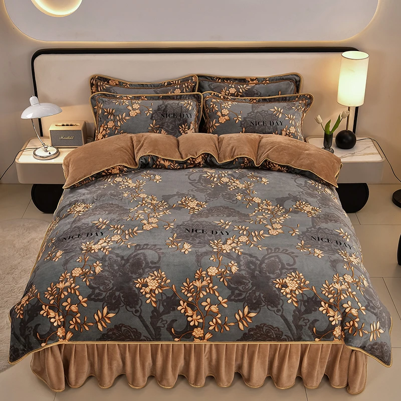 秋冬新款高克重秋冬款加厚加密保暖印花 牛奶绒床上用品四件套