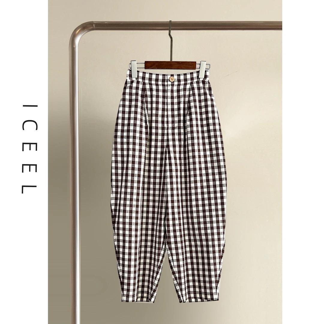 原创轻奢女装复古优雅格子休闲裤女显瘦遮胯衣服夏季薄棉奶奶裤