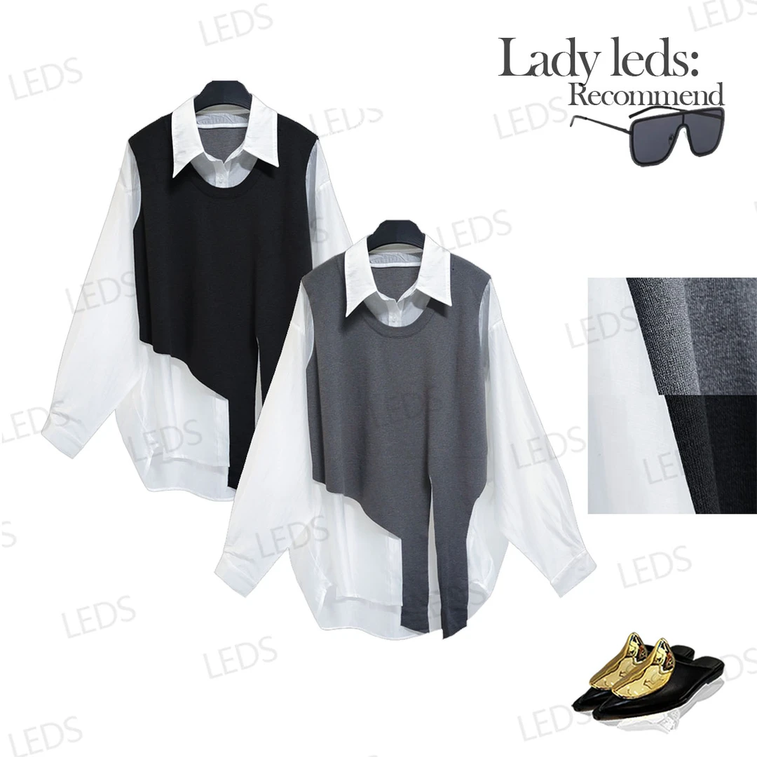 LEDS  7832春秋拼接极简风长袖减龄针织拼接小众宽松衬衫