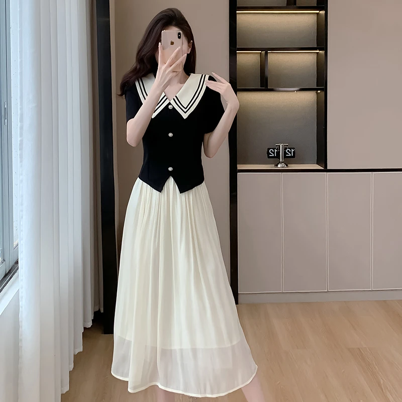 WD赫本风夏季法式气质小香风套装裙女减龄娃娃领上衣半身裙两件套