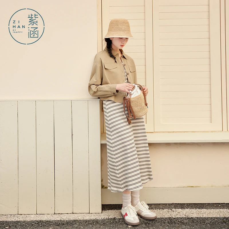 紫涵休闲通勤外套背心裙套装长款条纹连衣裙女两件套Z5Z01AN040