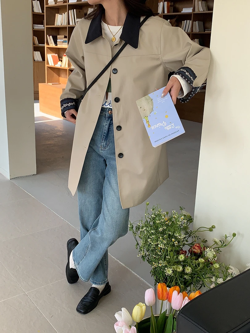 不晚家BuWan·早春新款 氛围感撞色拼接风衣外套小个子