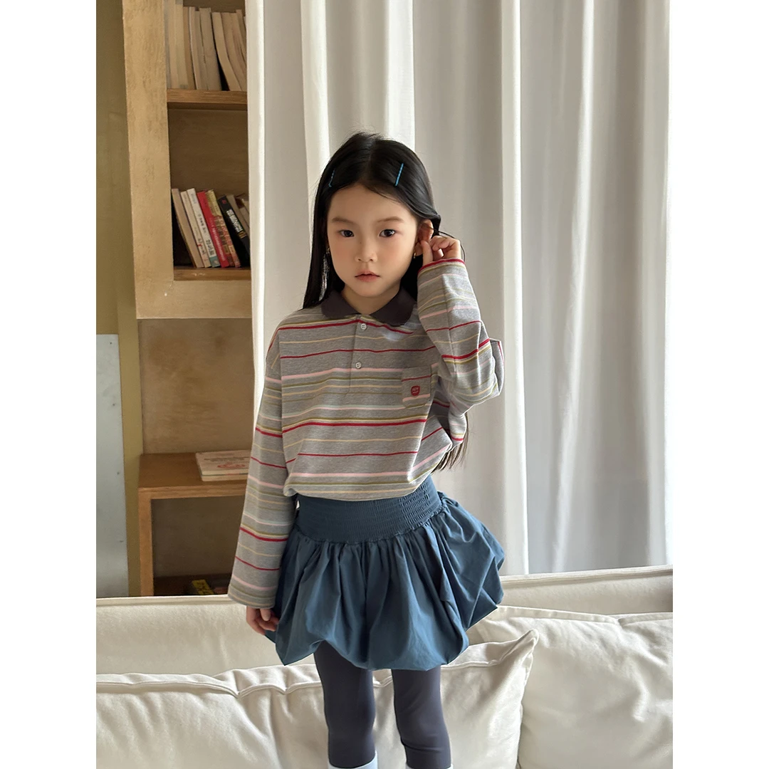 Harper kids 韩版复古撞色条纹POLO领口袋设计长袖T H25A030736