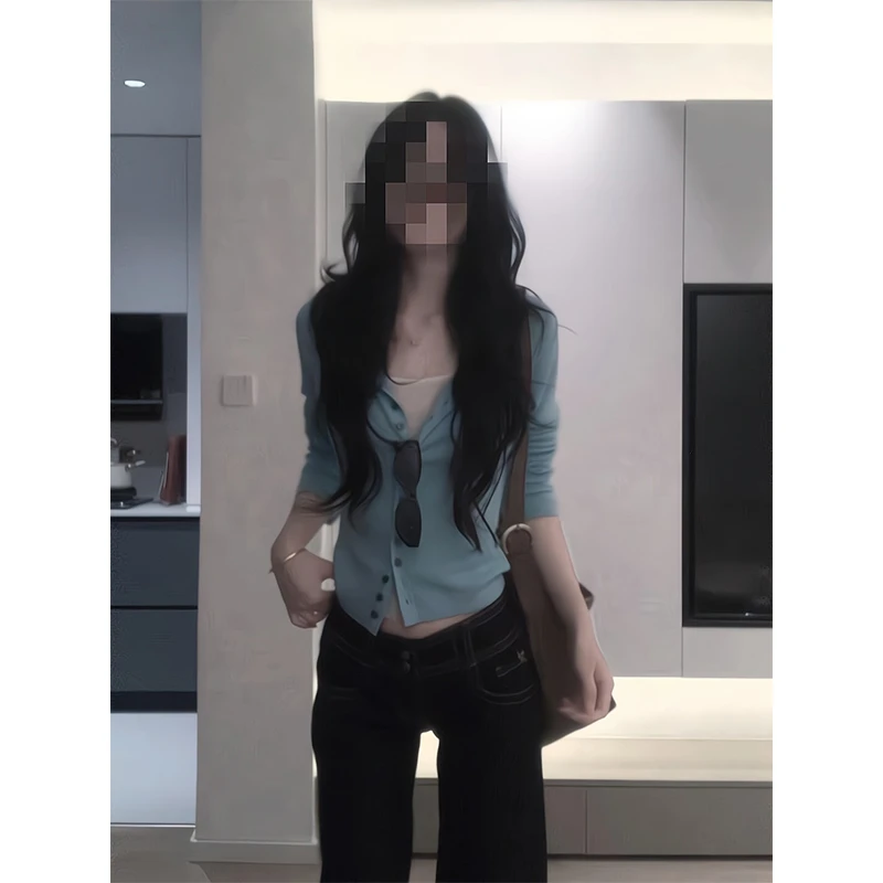 2025新款女士早秋季韩系辣妹慵懒百搭针织开衫内搭吊带高腰牛仔裤