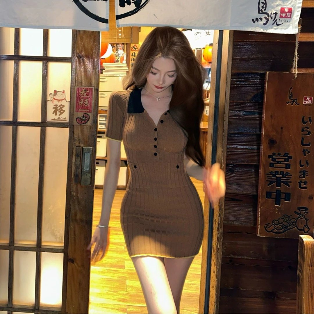 雪梨Shirley「元英美雪」显瘦针织时尚修身包臀收腰小众设计连衣裙